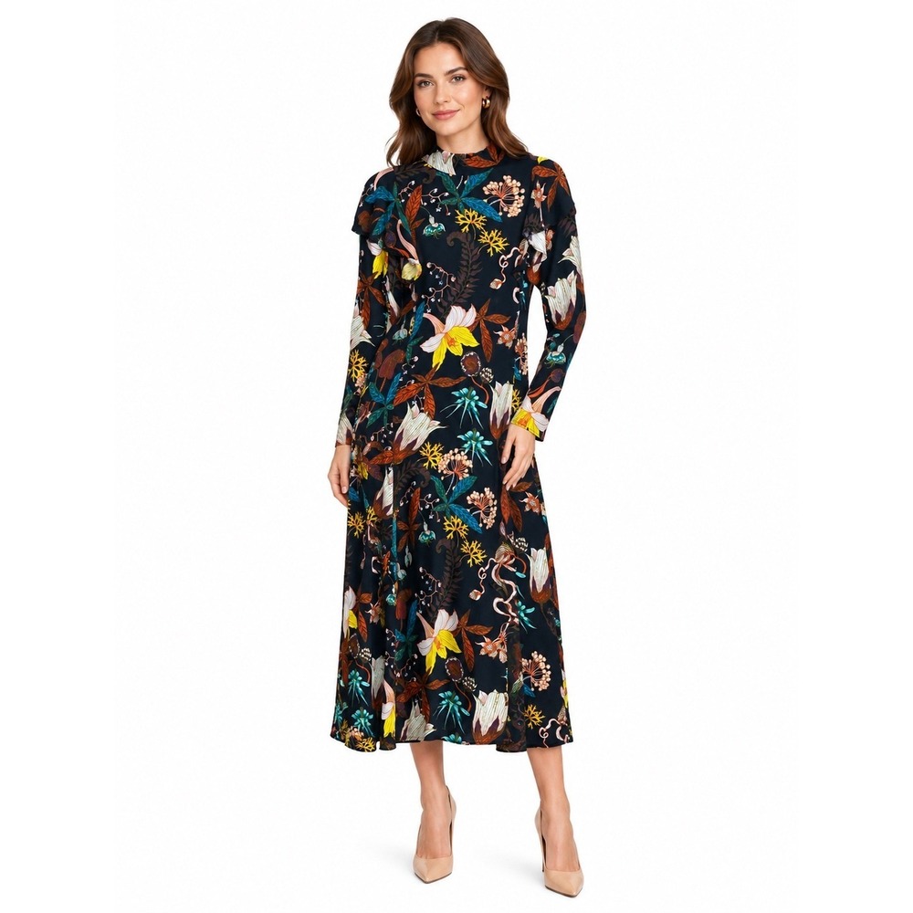 H&M Vintage Inspired Midi Dress Size 6 Mock Neck Navy Botanical Flutter Sleeve